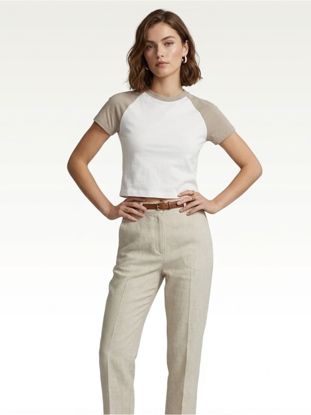 New H&M Fitted White & Beige Cropped Crewneck Short Sleeve T-Shirt Cotton